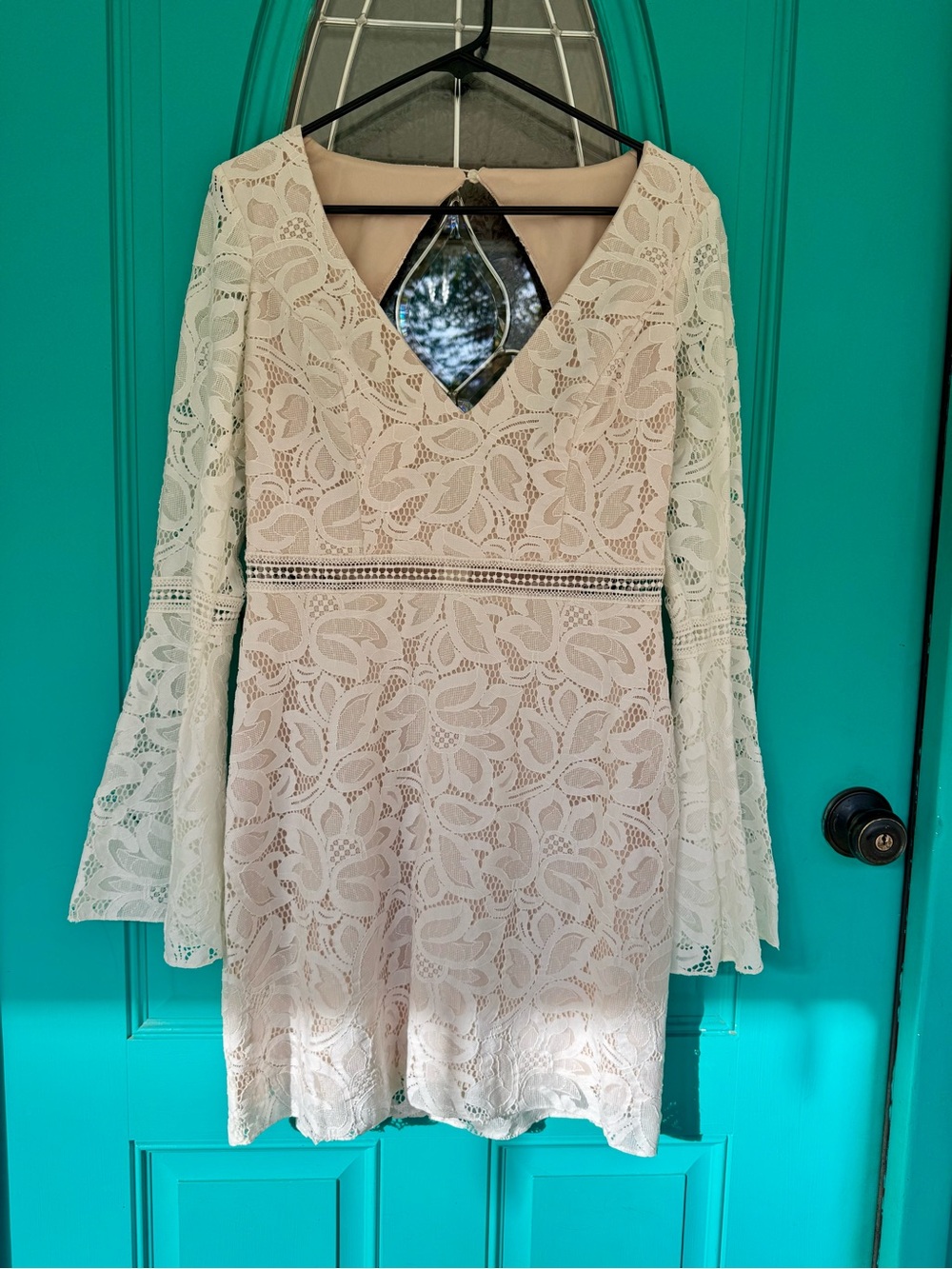 David's Bridal Illusion Bell Cream Lace Long Sleeve V-Neck Dress